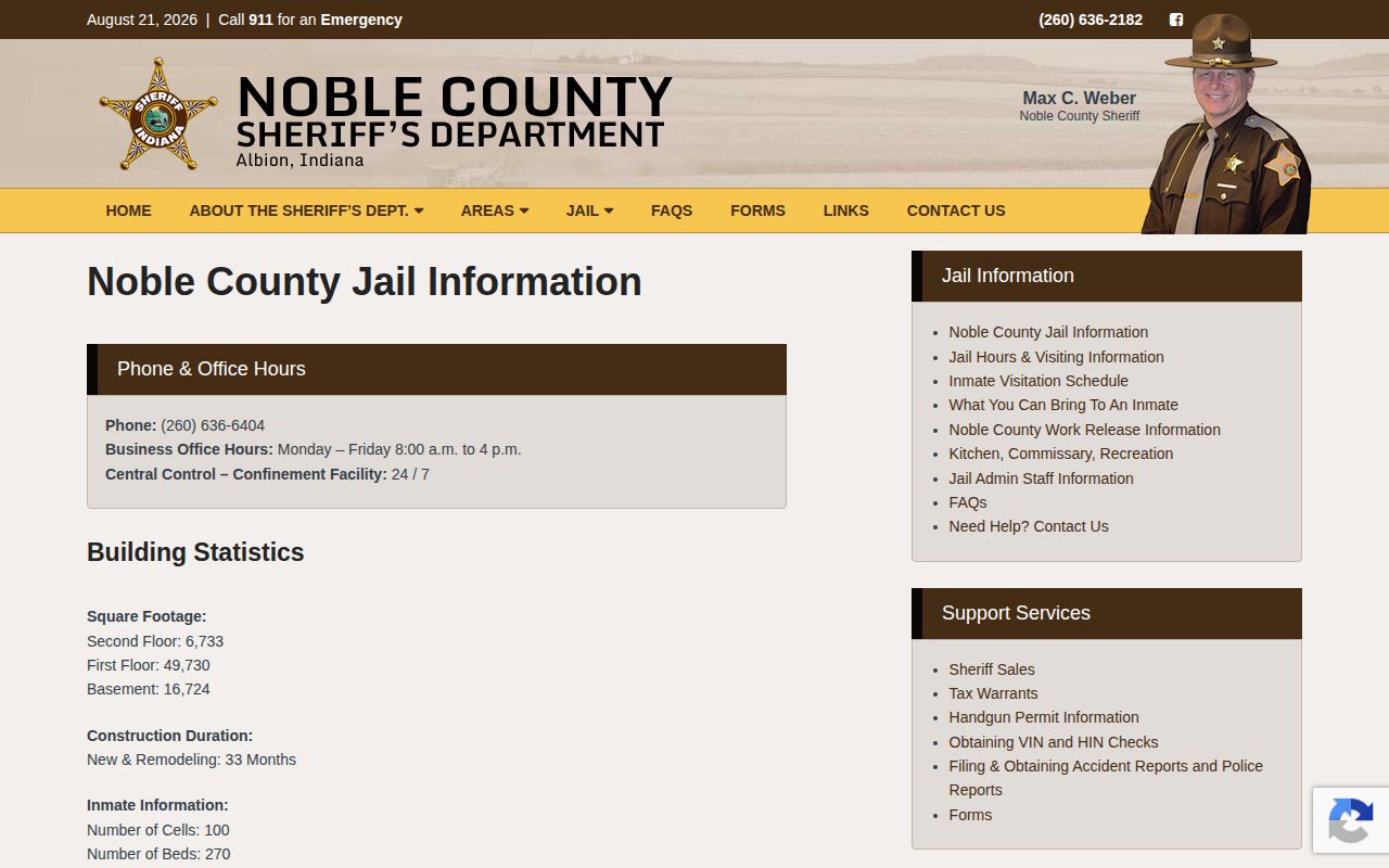 Noble County Jail official information for booking and custody records